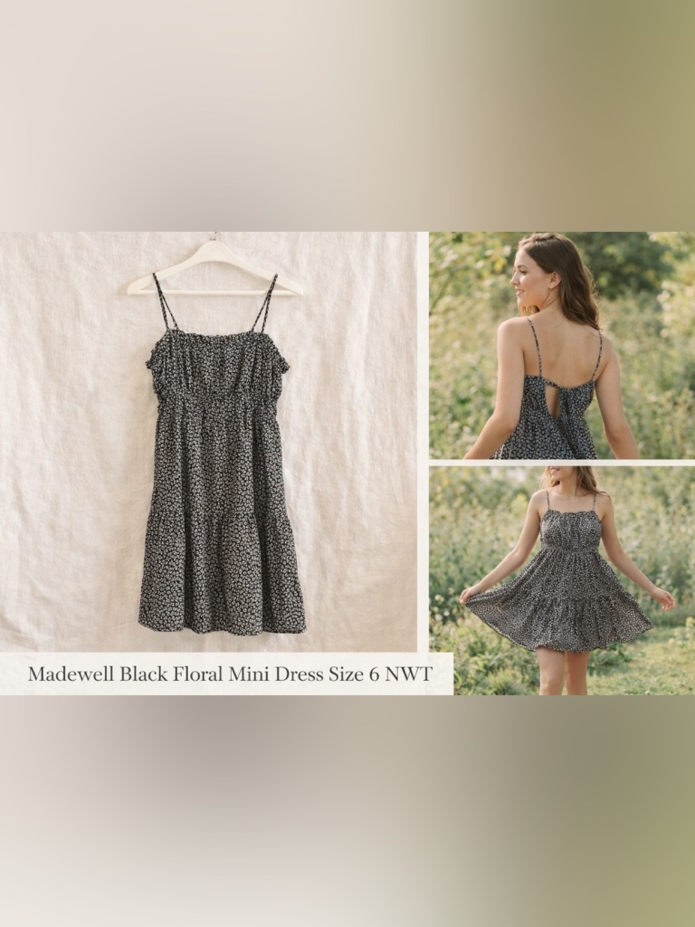 Madewell Black Floral Smocked Mini Dress Size 6 NWT Tie Back